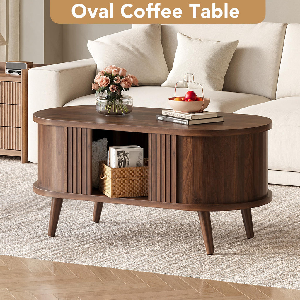 39.3" Oval Fluted Coffee Table with Storage, Fluted Mid-Century, Walnut