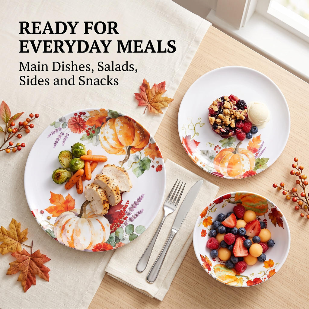 Melamine Dinnerware Set for 4, 12-Piece Pumpkin Plates and Bowls, BPA-Free