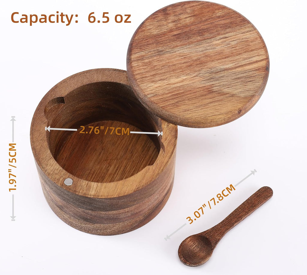 Acacia Wood Salt and Pepper Bowl, Nature Wood Salt Cellar and Spices Storage Box With Built-in Spoon and Magnetic