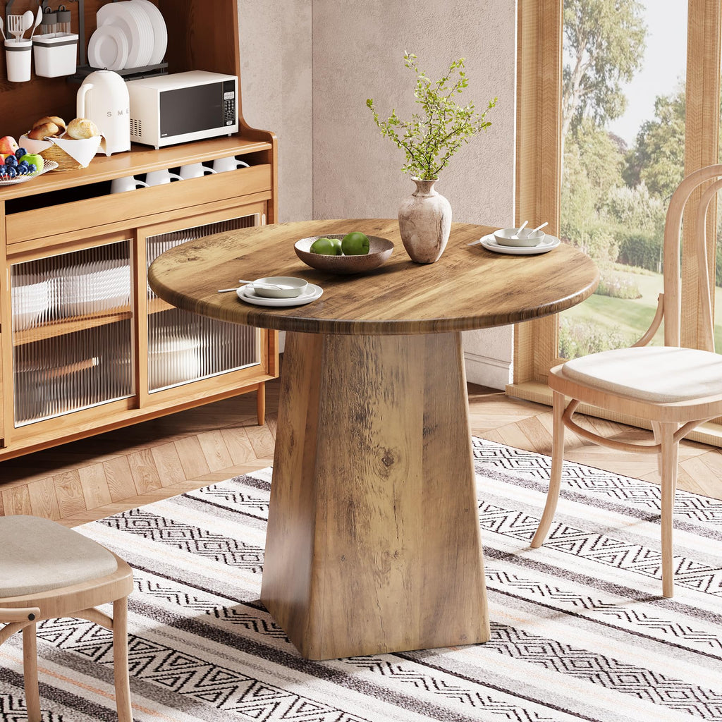 31.5-Inch Round Dining Room Table for 2-4, Farmhouse Small Kitchen Dinner Table with Square Base Living Room, Rustic