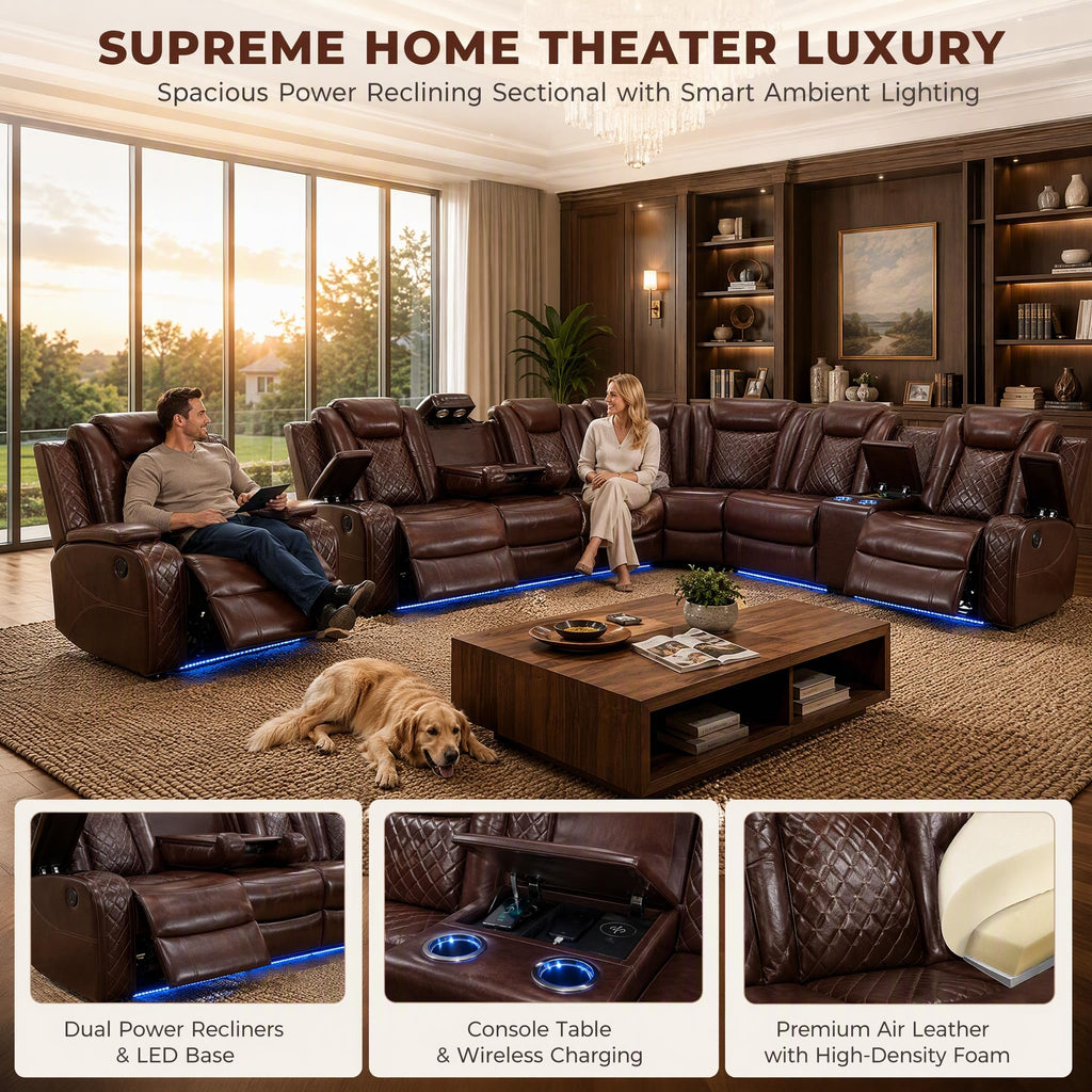 Power Reclining Sectional Sofa Set with Recliner Chair, Black Breathable Faux Leather L-Shaped Couch with LED Lights