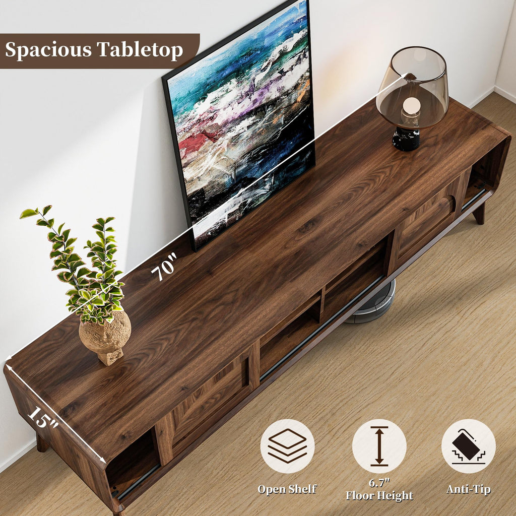 70" Mid Century TV Stand w/ Sliding Barn Door, Walnut
