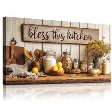Vintage Kitchen Wall Art, Rustic Still Life Canvas Print, Bless Kitchen Wall Decor Painting, Country Kitchen Decor