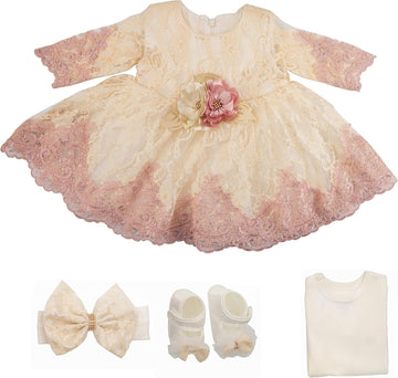 Newborn Baby Girl Lace Dress Set, 4pc Outfit for Special Occasions (US, Age, 0 Months, Pink, Ivory, Double Rose)