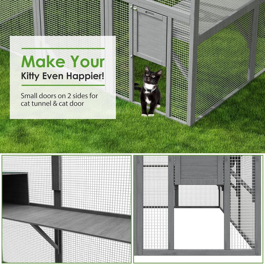 Large Wooden Outdoor Cat House, 57.2ft2 Cat Run Enclosure Walk in Catio Kitten Condo with 2 Doors, 2 Playpen & Hiding