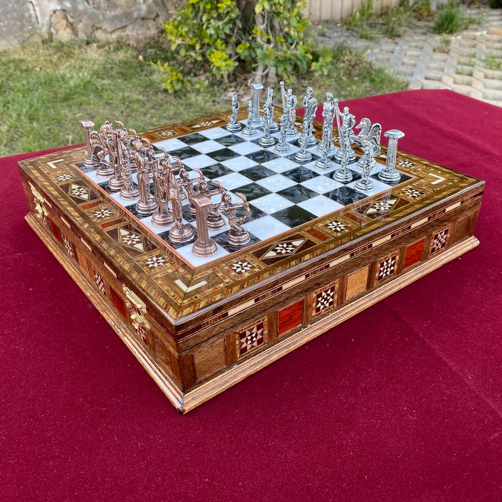 Luxury Greek Mythology Themed Chess Set- 12 inch Handmade Mosaic Chessboard with Storage- Ancient Greek Gods Inspired