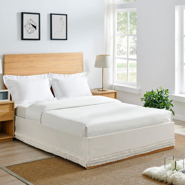 Minimalist Tufted Macrame Boho Chic Off White 60x80 Full/Queen Size Bed Skirt with 14" Drop Luxury Fringe Knotted