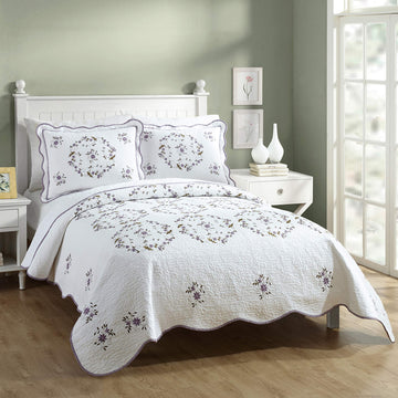 Gwen Vintage Floral Embroidered 3-Piece Quilt Set, All Seasons Lightweight Coverlet Set, 1 Quilt and 2 Pillow Shams