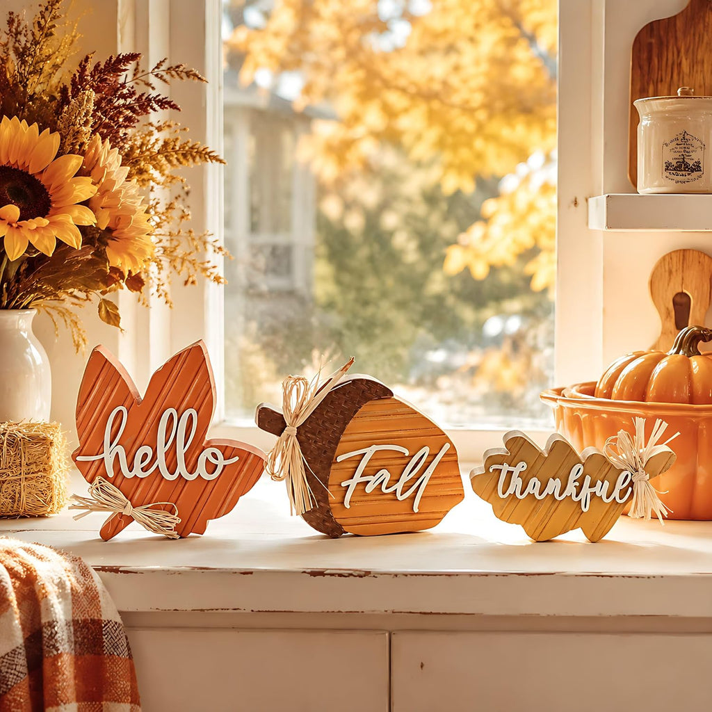 Fall Decorations, Wooden Fall Decor with Maple Leaf Oak Leaf and Acorn Table Decor, Rustic Farmhouse - Set of 3