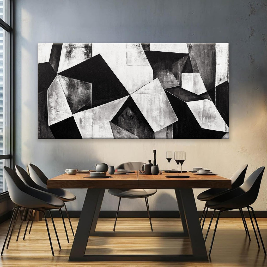 Large Abstract Wall Art Black And White Wall Art Geometric Color Block Line Painting Artwork Canvas Art Wall Decor