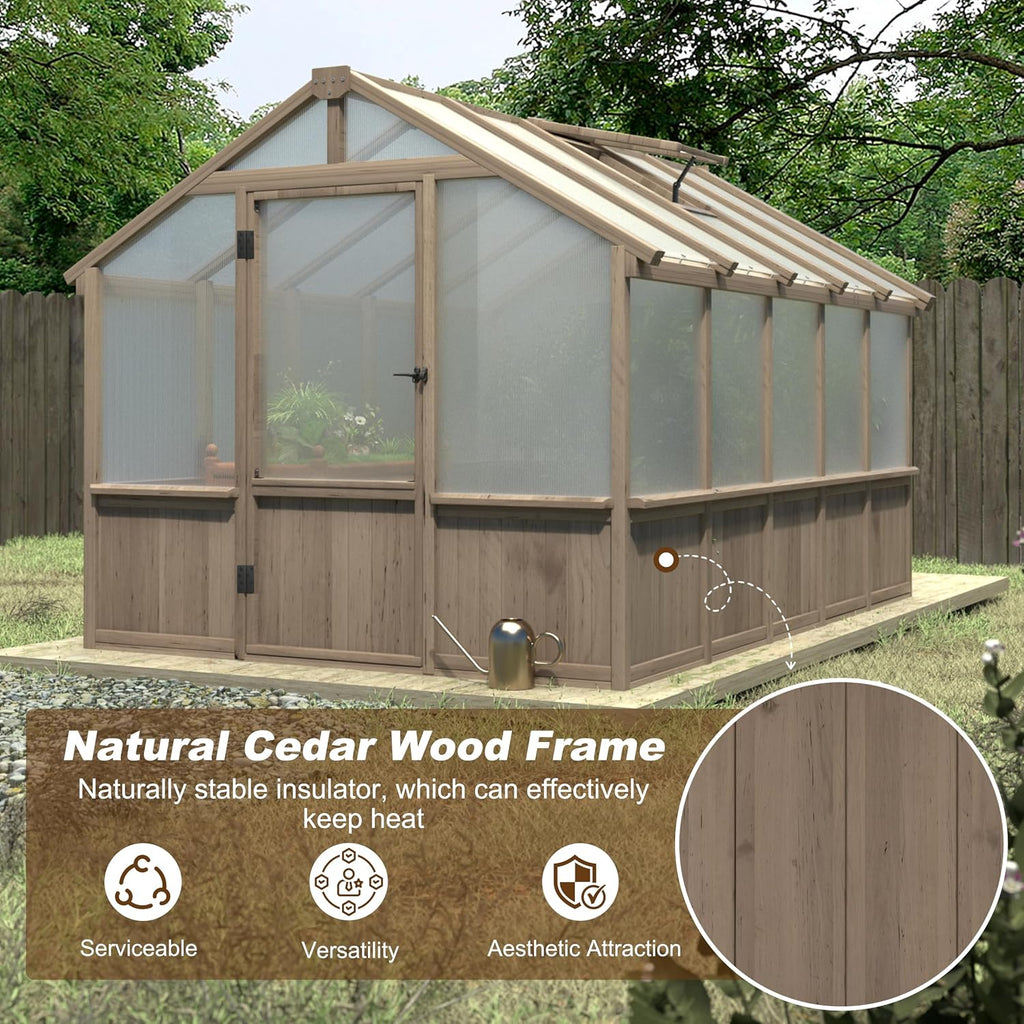 8x10 FT Greenhouse Kit with 6MM Thick Polycarbonate Panel for Outdoor, Wooden Walk-in Green House with Adjustable
