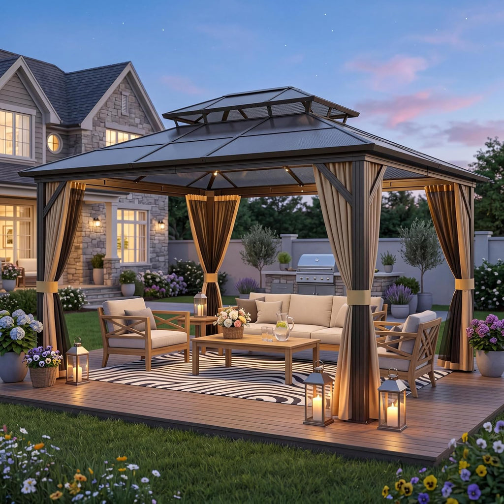 10x12ft Gazebo, Hardtop Outdoor Canopy Aluminum Frame Permanent Gazebo with Netting and Curtains