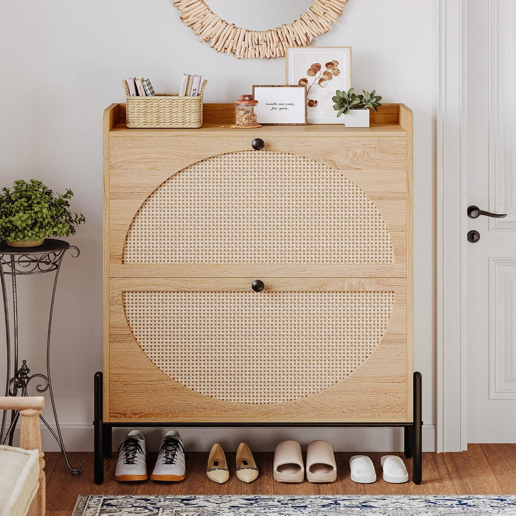 Shoe Cabinet Storage with 2 Flip Drawers, Free Standing Wooden Shoe Storage Organizer Cabinet with Rattan Doors