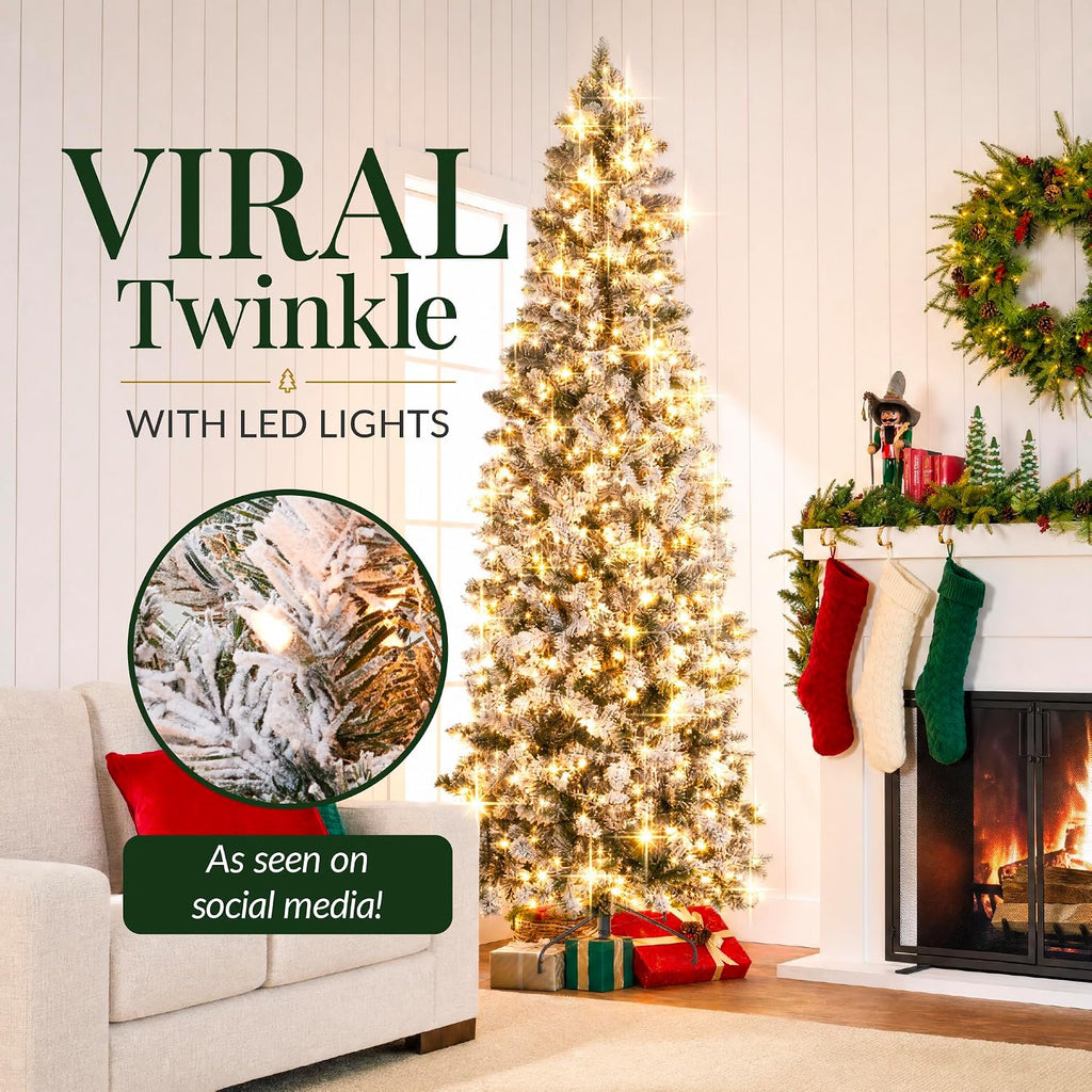 Flocked Pencil Christmas Tree w/Twinkling LEDs, Pre-Lit Slim Artificial Holiday Decoration, Lighted Skinny