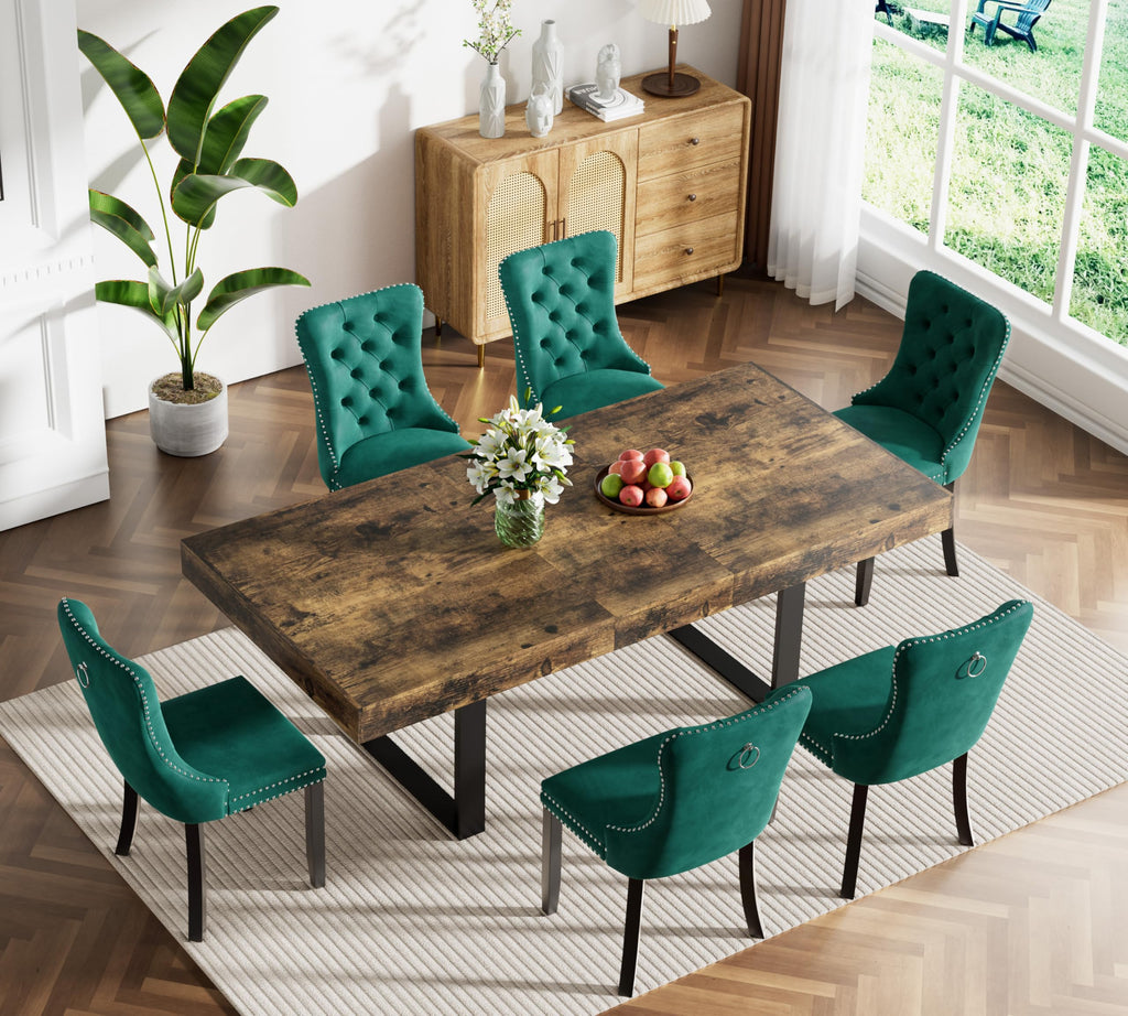 7-Piece Extendable Dining Table Set for 6, 63-78 Inch Rustic Brown Kitchen Table Set with 6 Green Tufted Chairs