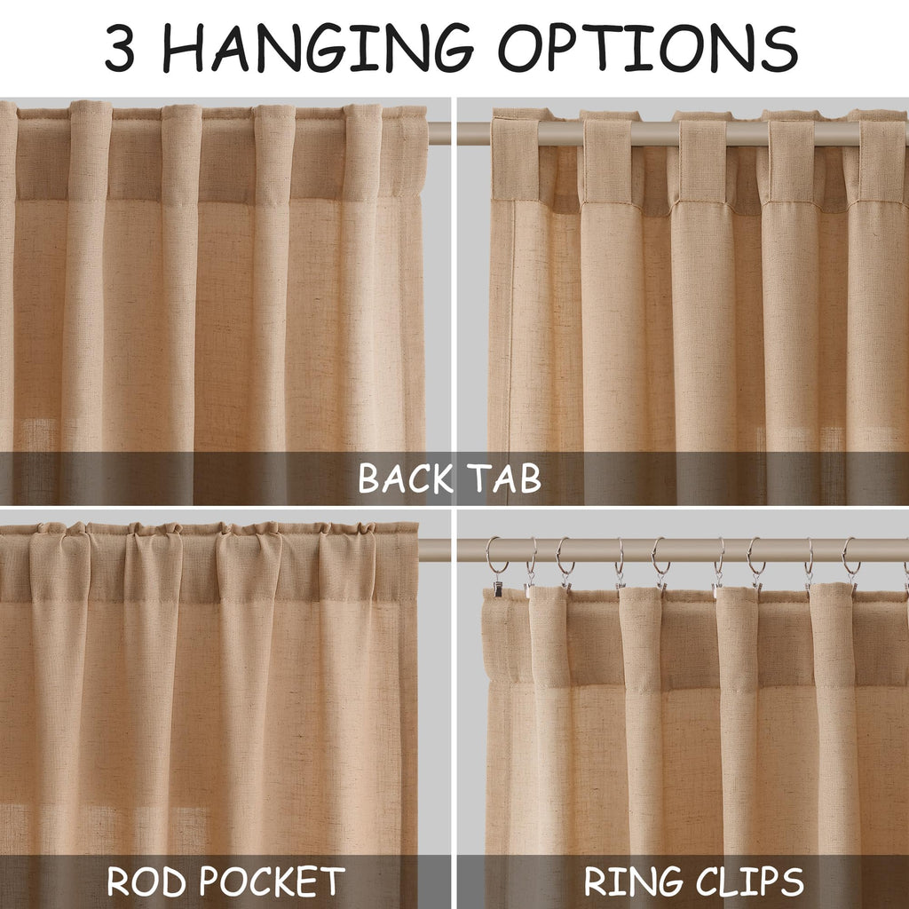 Camel Linen Curtains 84 Inches Long Back Tab Light Filtering Privacy Semi Sheer Drapes Modern Farmhouse Decor Camel