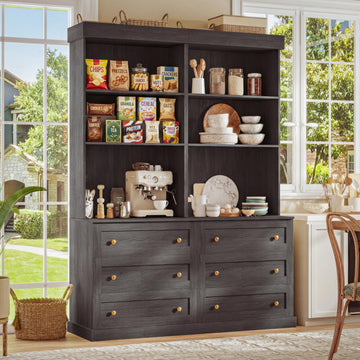 71" Farmhouse Kitchen Pantry Cabinet Set of 2 with Drawers, Black Freestanding Coffee Bar Hutch with Microwave Stand