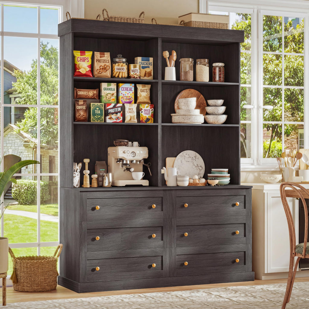 71" Farmhouse Kitchen Pantry Cabinet Set of 2 with Drawers, Black Freestanding Coffee Bar Hutch with Microwave Stand