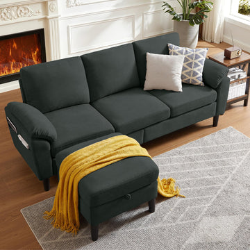 80" L Shaped Couch with Storage Ottoman, Convertible Sectional Couch Set, Modern Linen 3-Seat Sofa with Chaise & Side