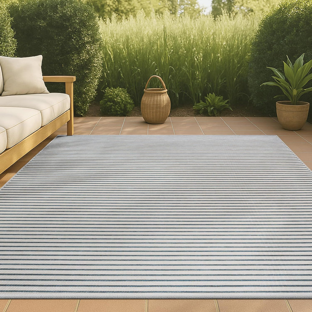 Pinstripe Reversible Washable Indoor Outdoor Area Rug Navy/Cream, Damon Classic Coastal for Backyard, Patio