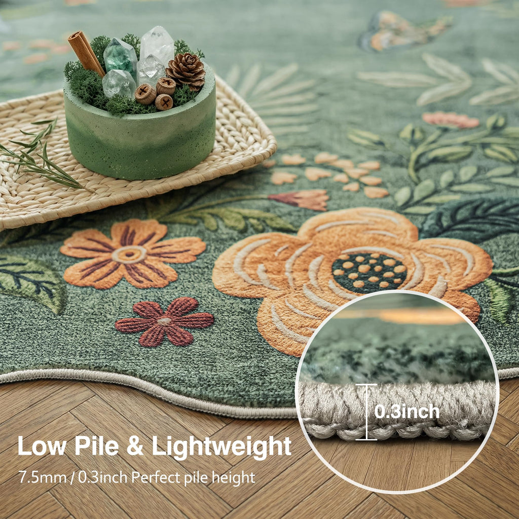 Hallway Runner Rug Washable Sage Green Floral Scalloped Boho