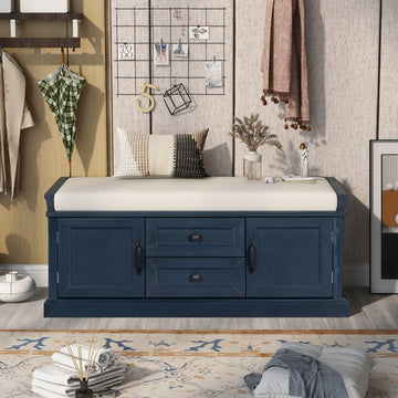 Rustic Storage Bench with 4 Doors 2 Draws Adjustable Shelves Removable Cushion Rectangular Cabinet Foot Rest Stool