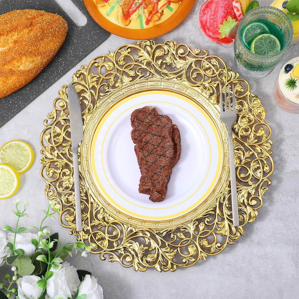 8 Pcs Antique, 13" Round Plastic Dinner Chargers, Decorative Hollowed Out Flowers Serving Plates for Dinner