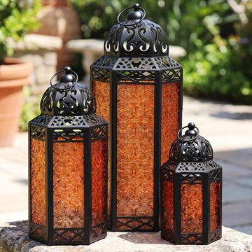 Set of 3 Amber/Orange Glass & Black Metal Moroccan Candle Lantern Holders (XL, Large, Small) - Decorative