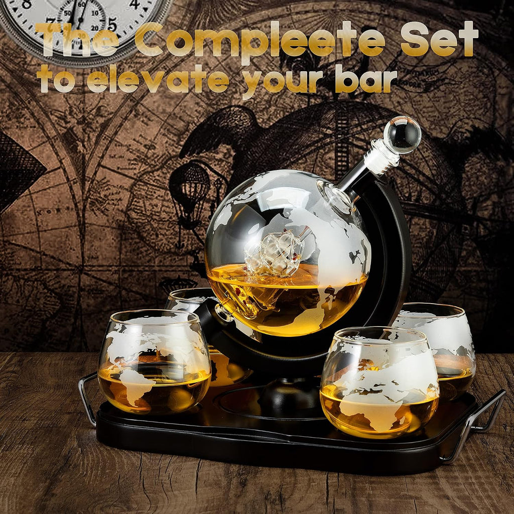 Whiskey Decanter Globe Set, Gifts for Men Husband Boyfriend Dad, with 4 Etched Whiskey Glasses, 4 Ice Cubes, Tong &