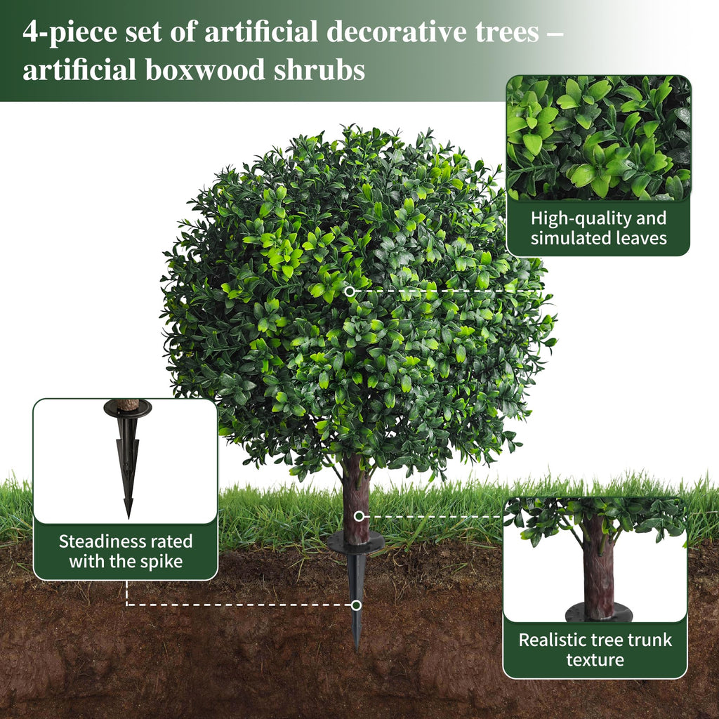 25" Artificial Boxwood Topiary Ball Tree with Ground Plugs [Set of 2] UV Protected Artificial Shrubs, Fake Evergreen