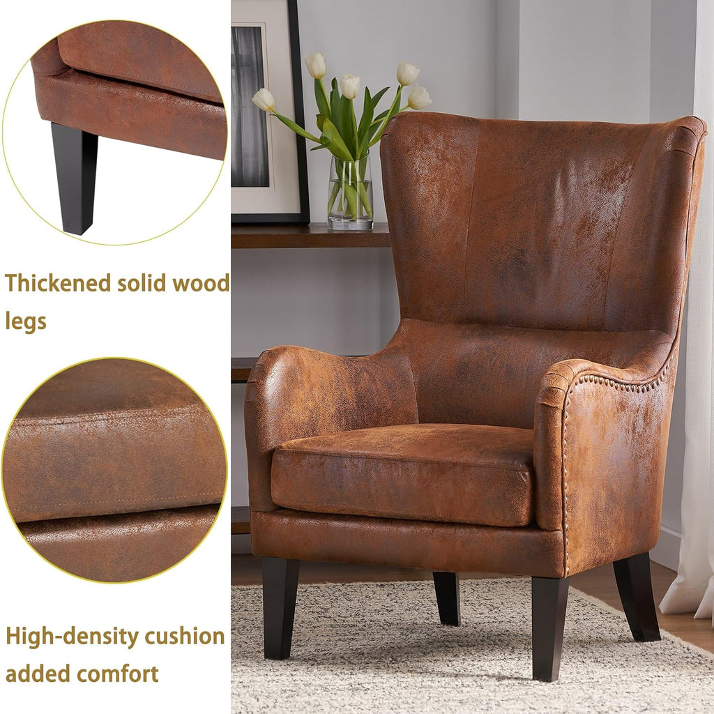 Mid-Century Modern Wingback Accent Chair, Faux Leather with Nailhead Trim