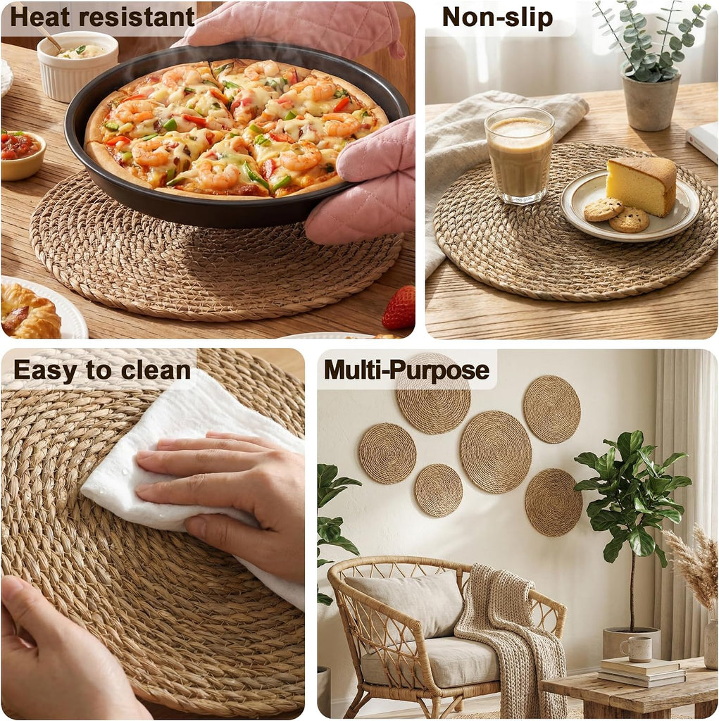 Round Woven Placemats 13in Rattan Charger Wicker Boho Place mat - Set of 6