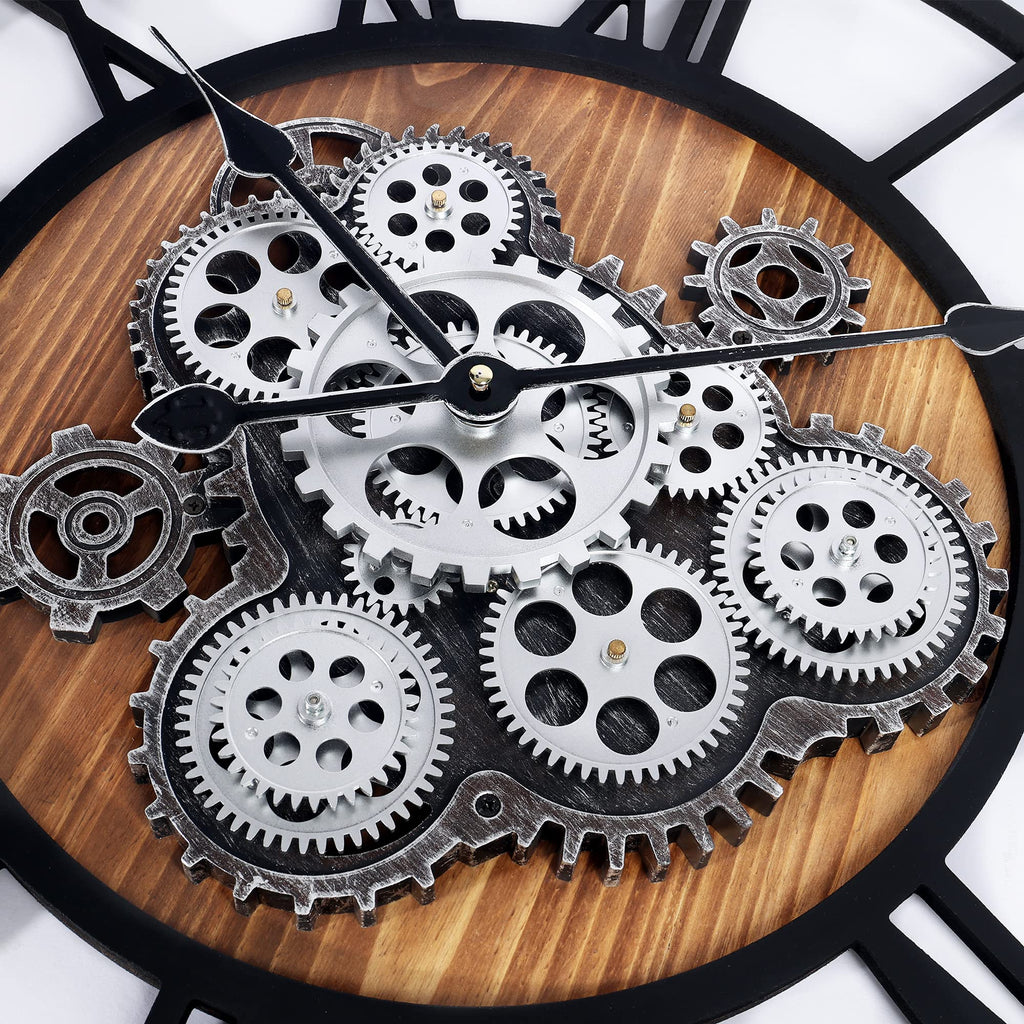 23 Inch Steampunk Large Wall Clock with Moving Gears Wooden Brown