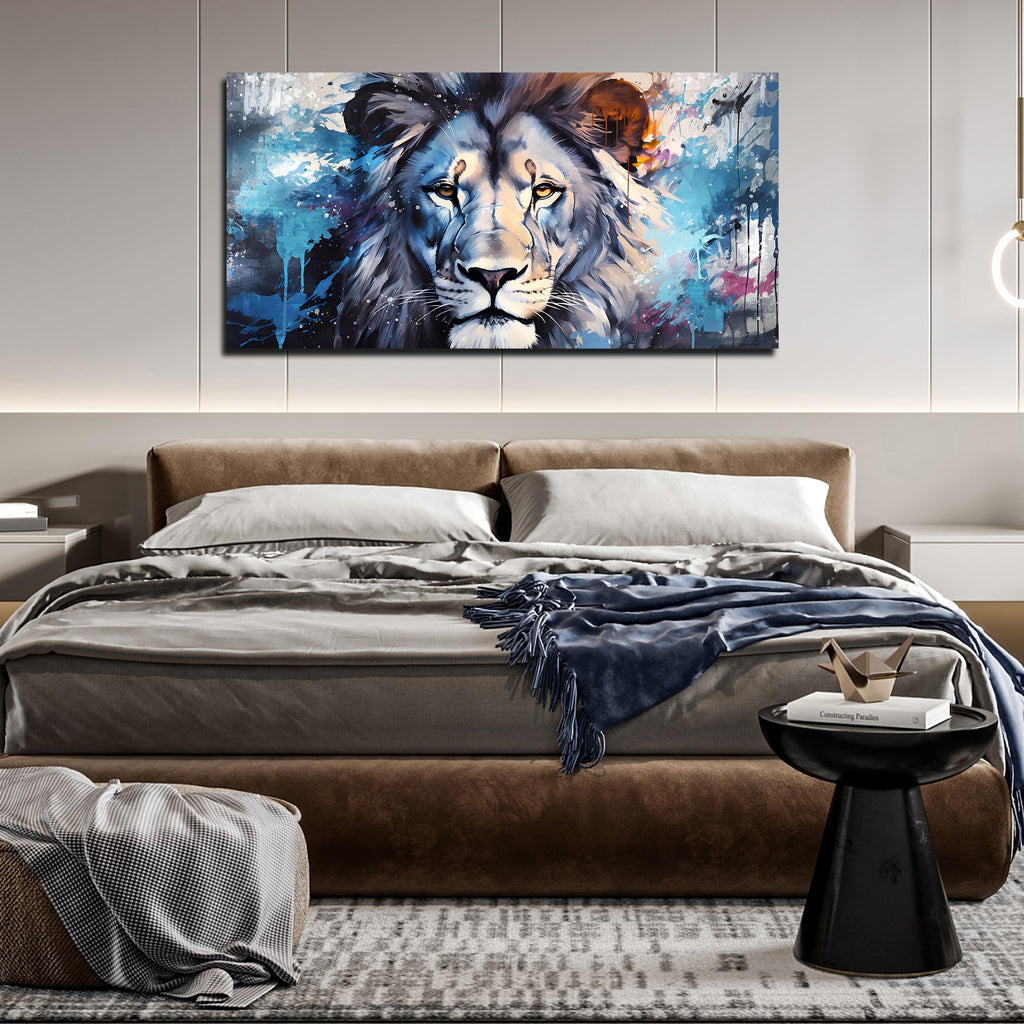 Lion Canvas Wall Art, Blue Print Painting, Animal Picture Decor, Large Size 48x24 Inches