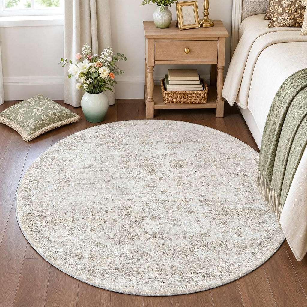 5ft Round Washable Beige Neutral Vintage Area Rug