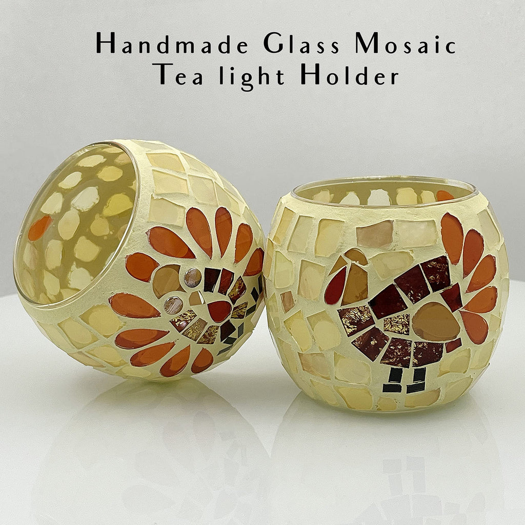 Thanksgiving Votive Candle Holder Set of 4, Mosaic Glass Tealight Holders with Turkey for Fall Table Centerpiece