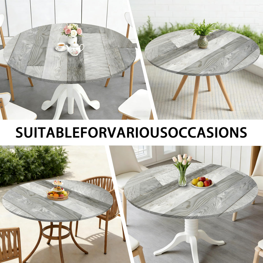 Wood Grain 60 Inch Round Fitted Cloth Tablecloth with Elastic Edged, Waterproof Oil Proof Wipeable Table Cover for