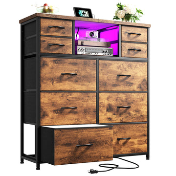 10-Drawer Tall Dresser, LED & Charging Station, Brown