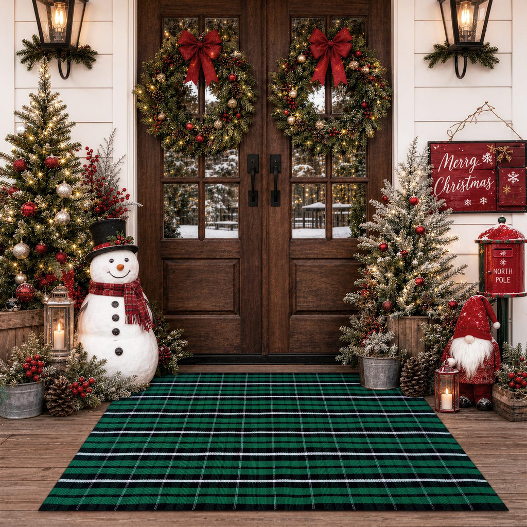 Christmas Door Mat Outdoor Buffalo Plaid Front Porch Rug Decor