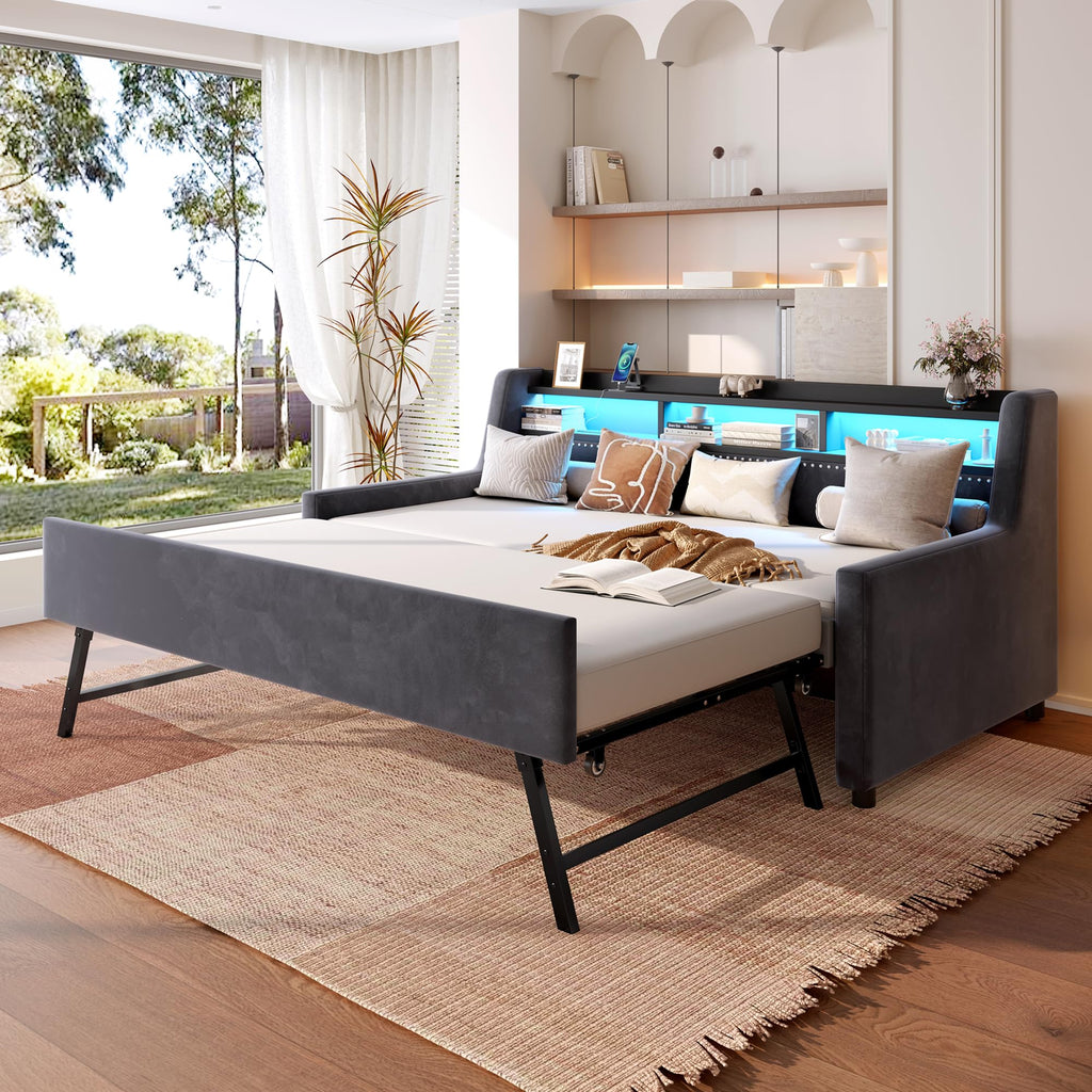 Twin to King Daybed with Pop Up Trundle, King Size Day Bed Frame with LED Lights, USB/Type C Charging Station