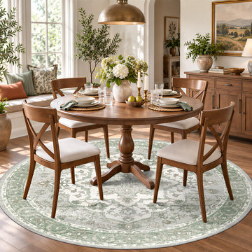 Round Area Rugs 6ft Non-Slip: Washable Boho Vintage Faded Dining Room Green
