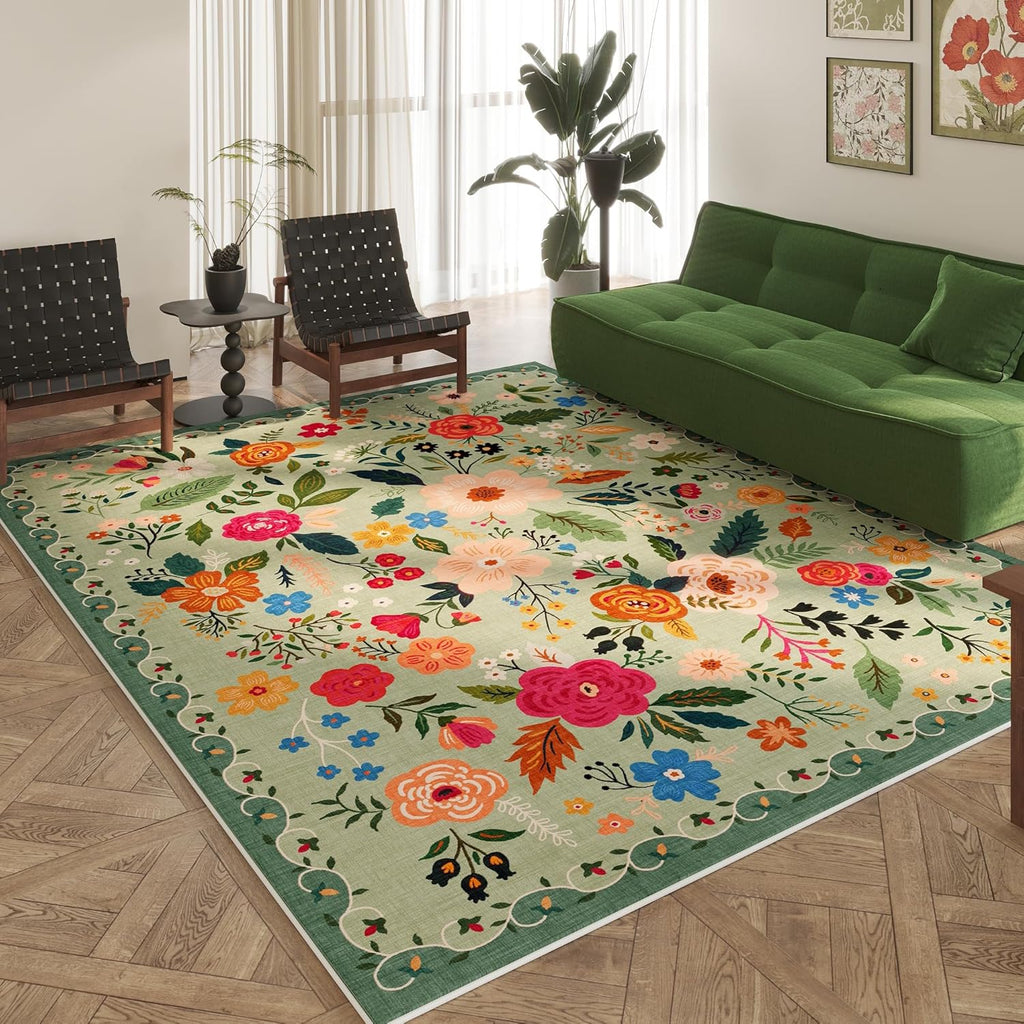 Area Rugs 9x12 Living Room Clearance Washable Boho Rug Non Slip Floral Vintage Low Pile Large Rug fo