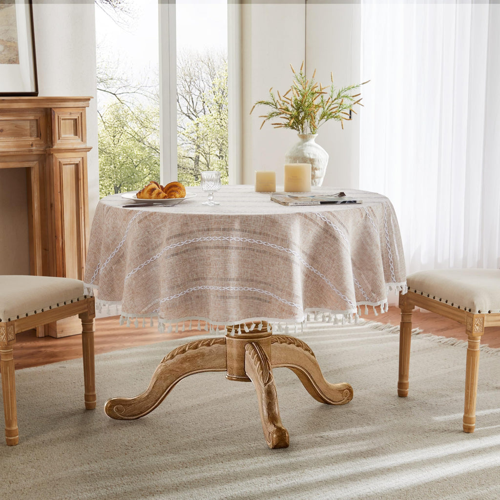 Hemstitched Striped Boho Table Cloth, 60 Inch Round Natural