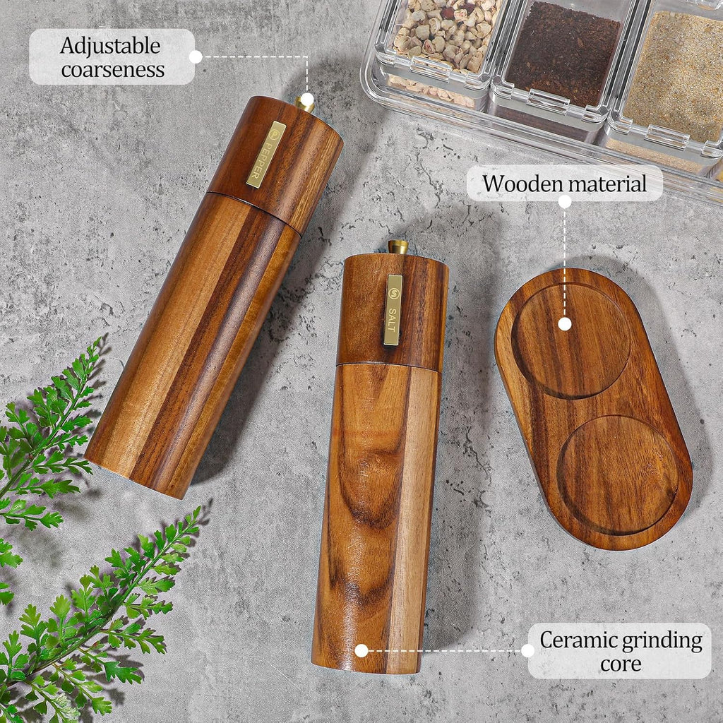 Wooden Salt and Pepper Grinder Set,8.46 inch Adjustable Coarseness Manual Salt and Pepper Mill with Brush - Set of 2