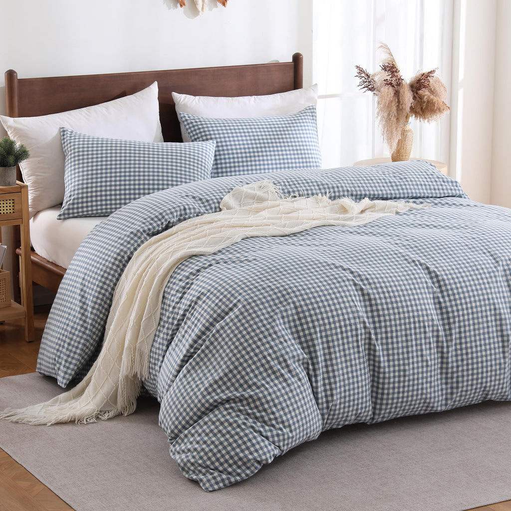 Cotton Pale Blue Gingham Duvet Cover Bedding Set Linen Like