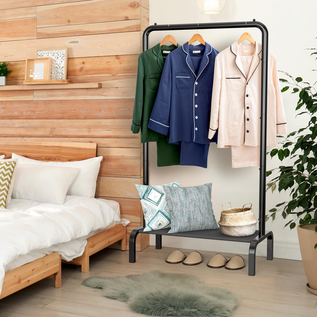 30" W Narrow Freestanding Garment Rack with Shelves, Black