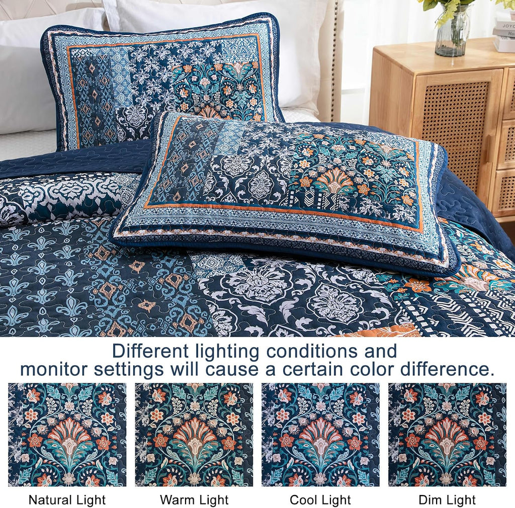 Navy Blue Quilt Set Queen,Bohemian Patchwork Bedspread Coverlet Set, Reversible Farmhouse Floral Pattern Bedspreads