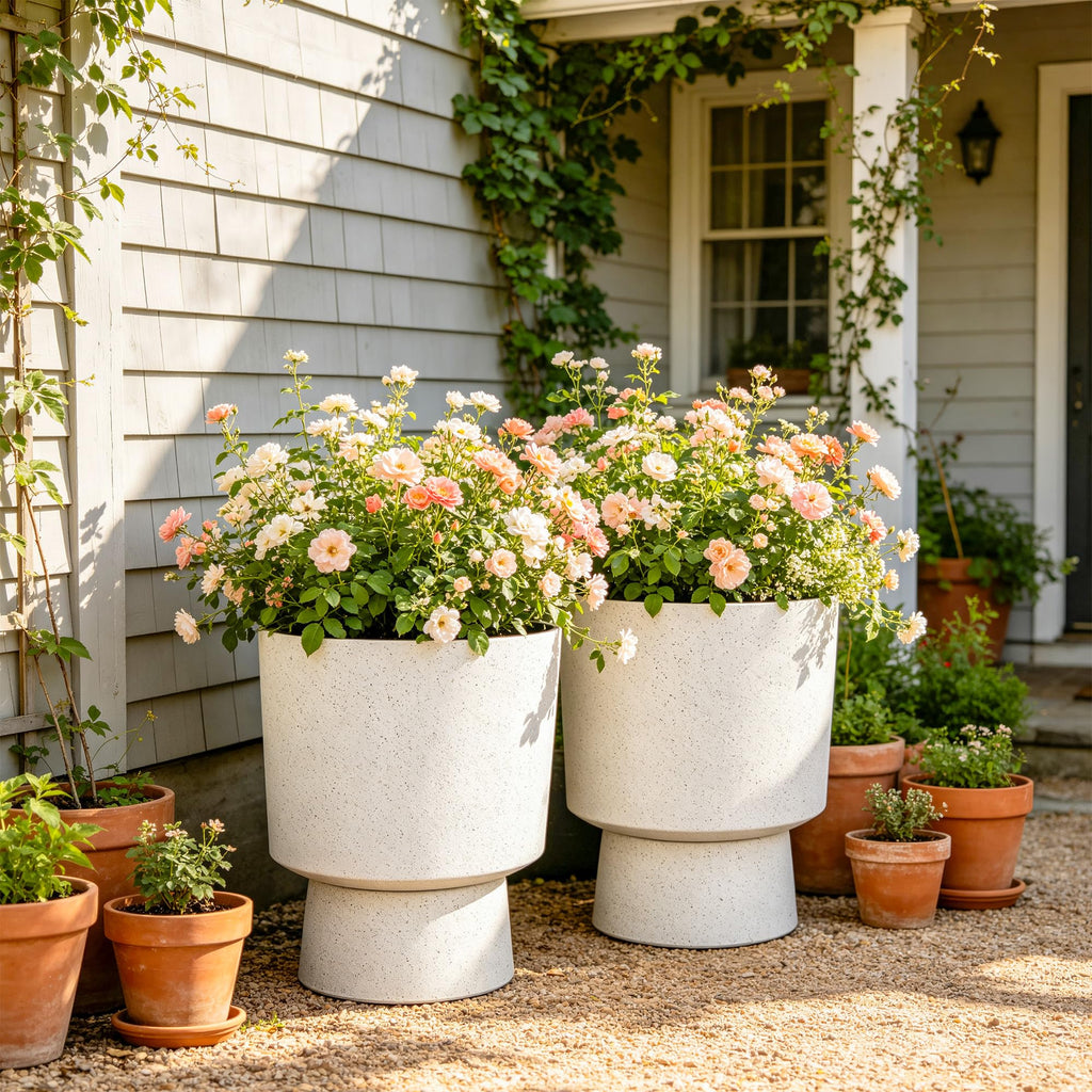 Autodaya 16.75" Urn-Style Planters Set of 2, White Terrazzo Pedestal