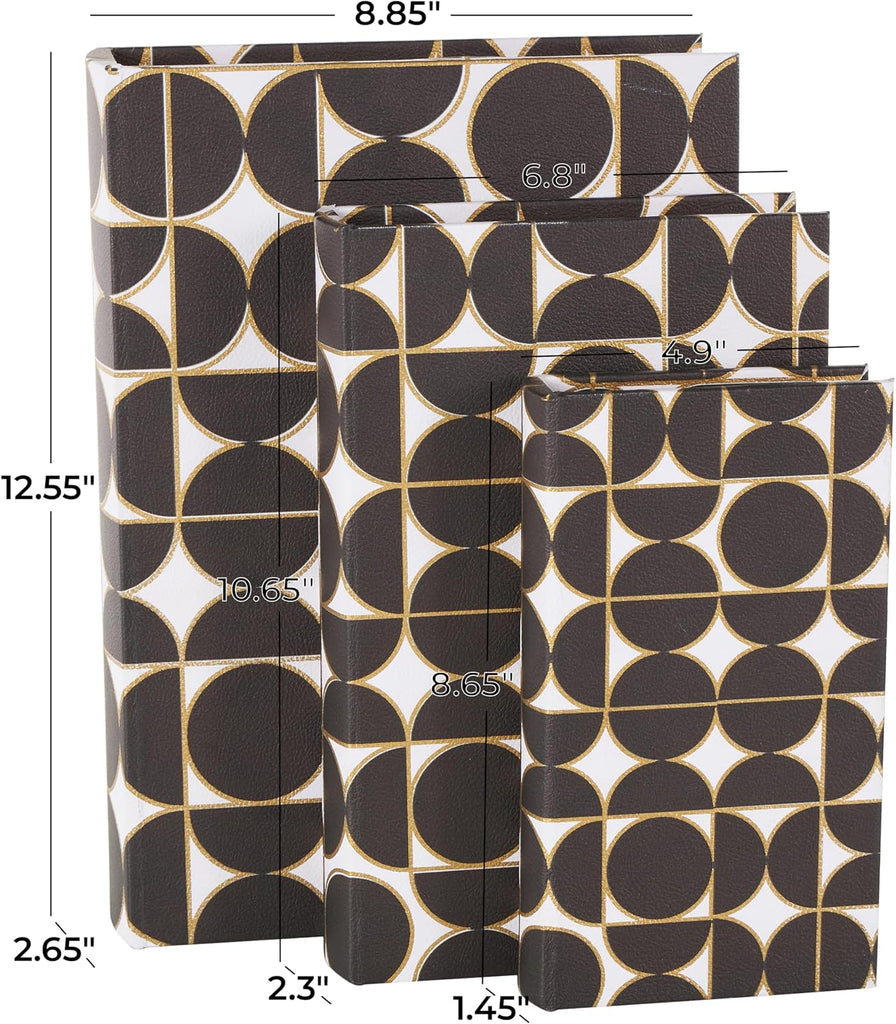 79 Faux Leather Decorative Box Faux Book Storage Book Shaped Boxes with White and Gold Geometric Patterns, Set of 3