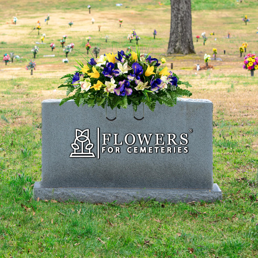 Yellow Tulip & Purple Iris Headstone Saddle